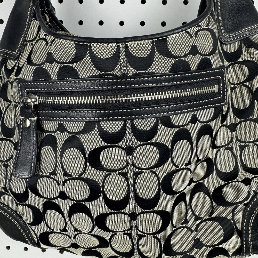COACH Signature Hobo Shoulder Bag Turn Lock Leather Canvas Black Gray F 13971 - Picture 11 of 16
